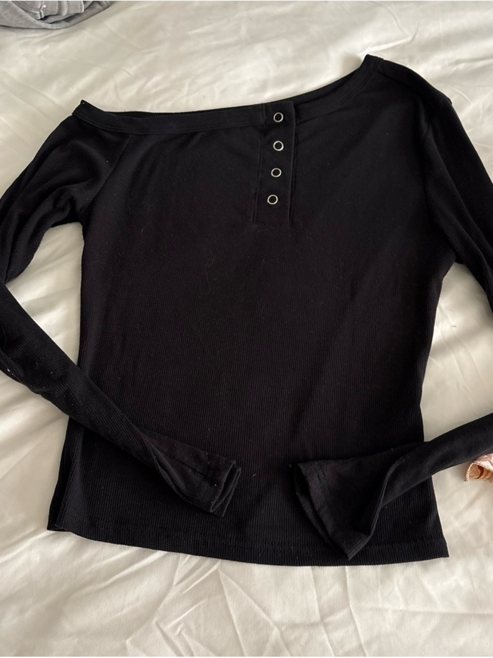 Black Ribbed Long-Sleeve Henley Top with Snap Placket